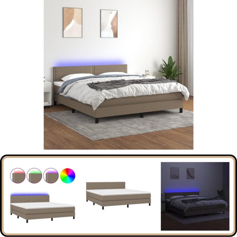 VidaXL Boxspring met LED en Matras Taupe 180x200 cm Boxspring Bed Led Lamp Boxspring Frame Slaapcomfort Taupecouleur Tweepersoons Bed