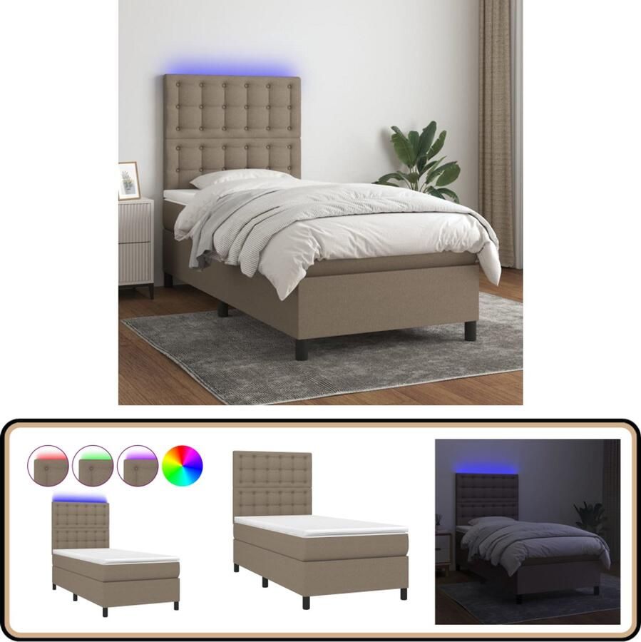 VidaXL Boxspring met LED en matras Taupe 90x190 cm Boxspring Bed Verstelbare Hoofdbord Led Verlichting Pocketvering Matras Huidgevend Topmatras