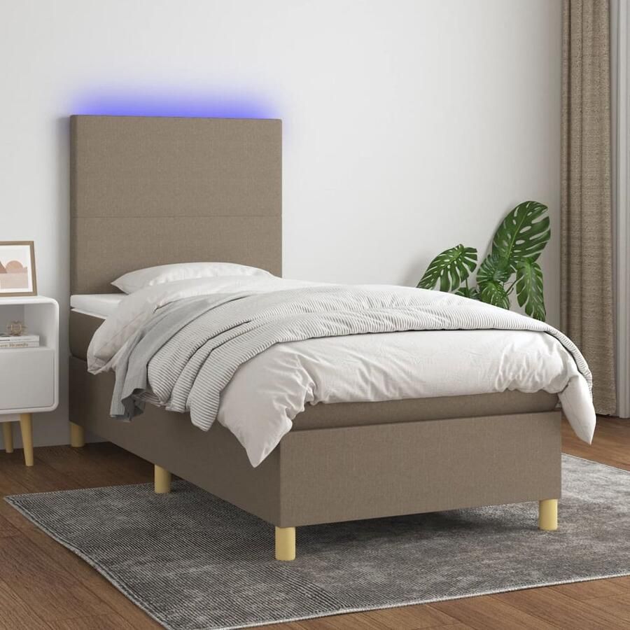 VidaXL Boxspring met LED en matras Taupe 90x200 cm Boxspring Led Bed Verstelbare Hoofdbord Pocketveer Matras Huidgevend Topmatras Taupe - Foto 2