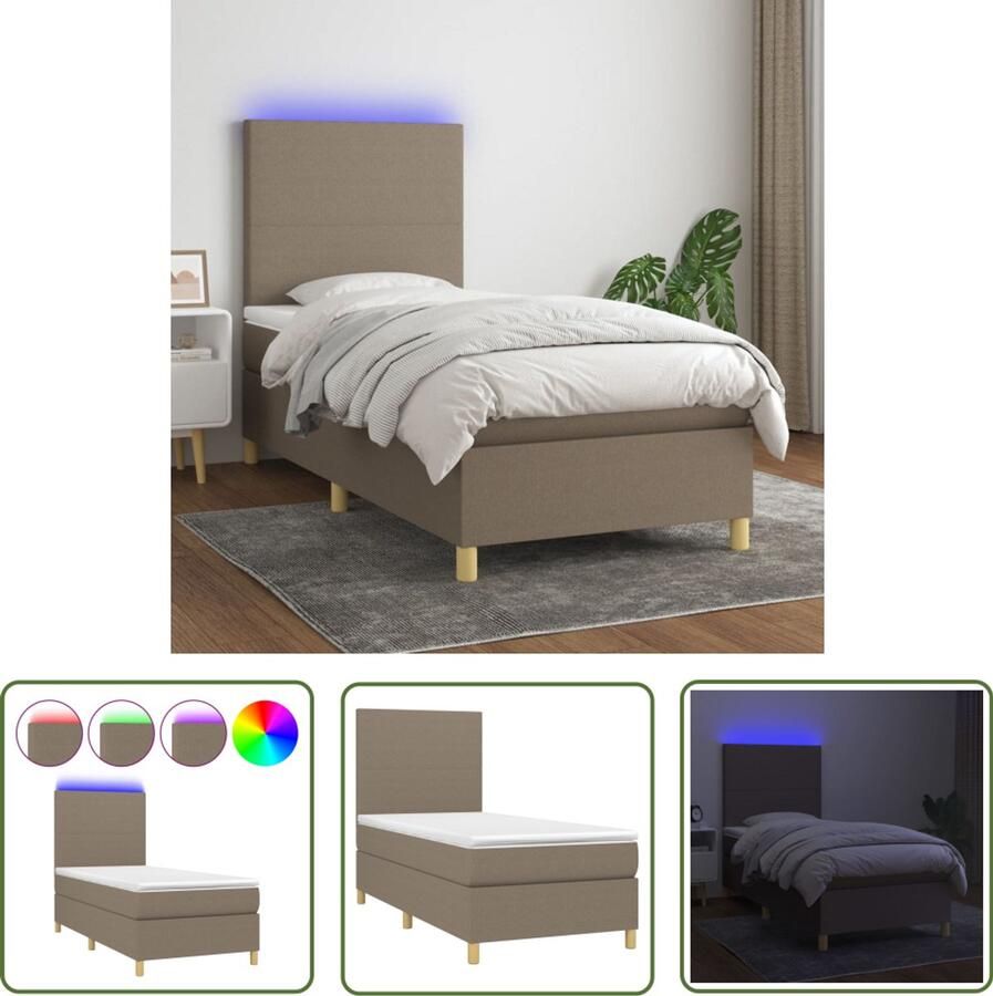 VidaXL Boxspring met LED en matras Taupe 90x200 cm Boxspring Led Bed Verstelbare Hoofdbord Pocketveer Matras Huidgevend Topmatras Taupe