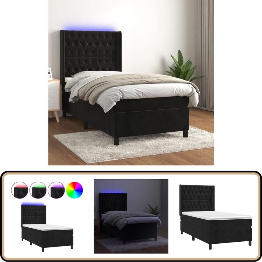 VidaXL Boxspring met matras en LED Fluweel Zwart 90x190 cm Boxspring Fluweel Bed Zwarte Boxspring Verstelbare Hoofdbord Led Verlichting