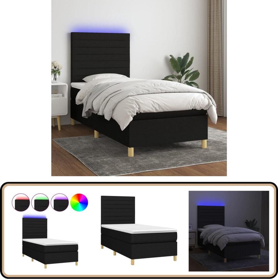 VidaXL Boxspring met LED en matras Zwart 100x200 cm Boxspring Led Bed Boxspring Met Led Slaapcomfort Tweepersoonsbed Design Bed Zwarte Boxspring