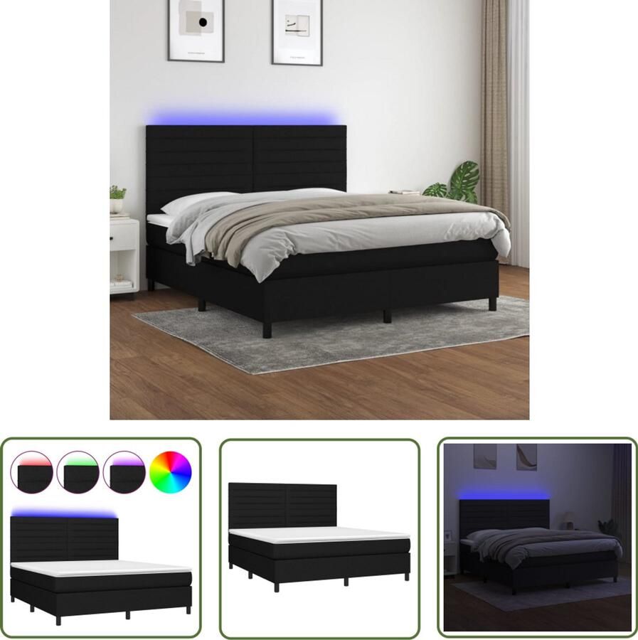 VidaXL Boxspring met LED en matras Zwart 180x200 cm Boxspring Bed Led Bed Zwarte Boxspring Pocketveer Matras Boxspring Frame Slaapcomfort Hoofdbord Bedroom Furniture