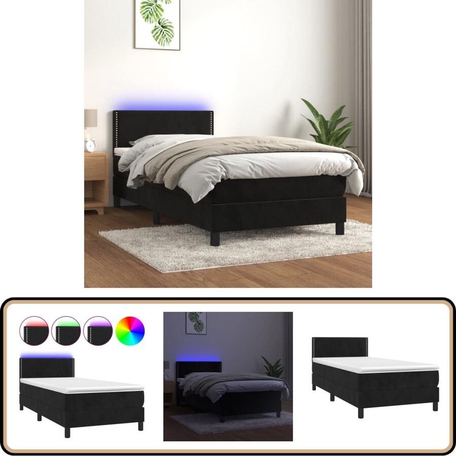 VidaXL Boxspring Met LED en Matras Zwart 80x200 cm Boxspring Bed Velvet Bed Zwarte Boxspring Led Bed Pocketed Spring Mattress