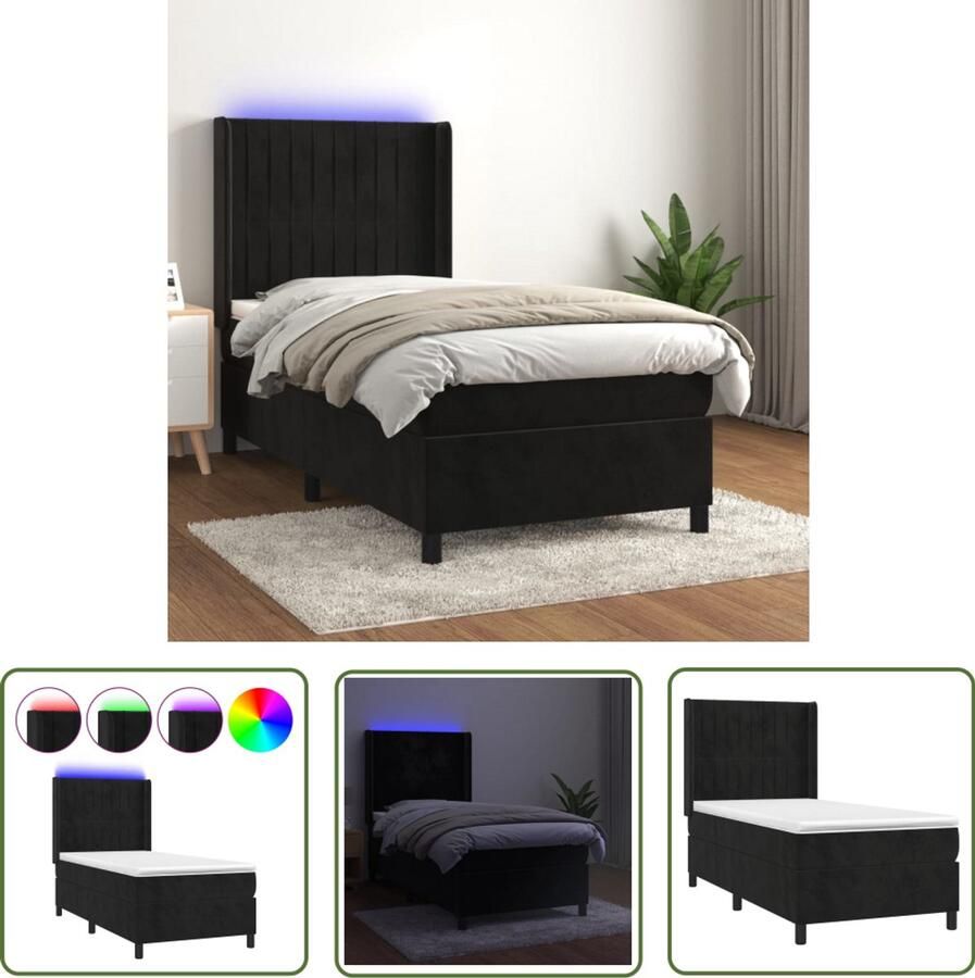 VidaXL Boxspring met LED en Matras Zwart 90x200 cm Boxspring Fluweel Bed Led Bed Zwarte Boxspring King Size Bed Tweepersoons Bed Slaapcomfort