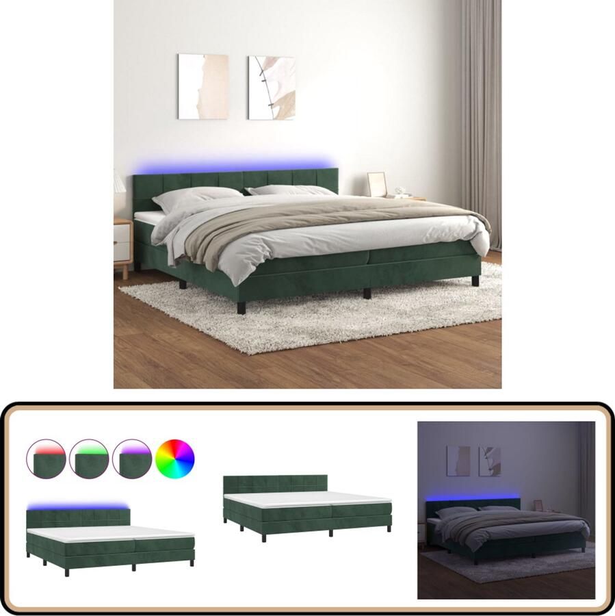 VidaXL Boxspring met LED en matrassen 200x200 cm Boxspring Fluweel Bed Donkere Groene Bedden Led Bed Pocketed Spring Mattress Adjustable Headboard