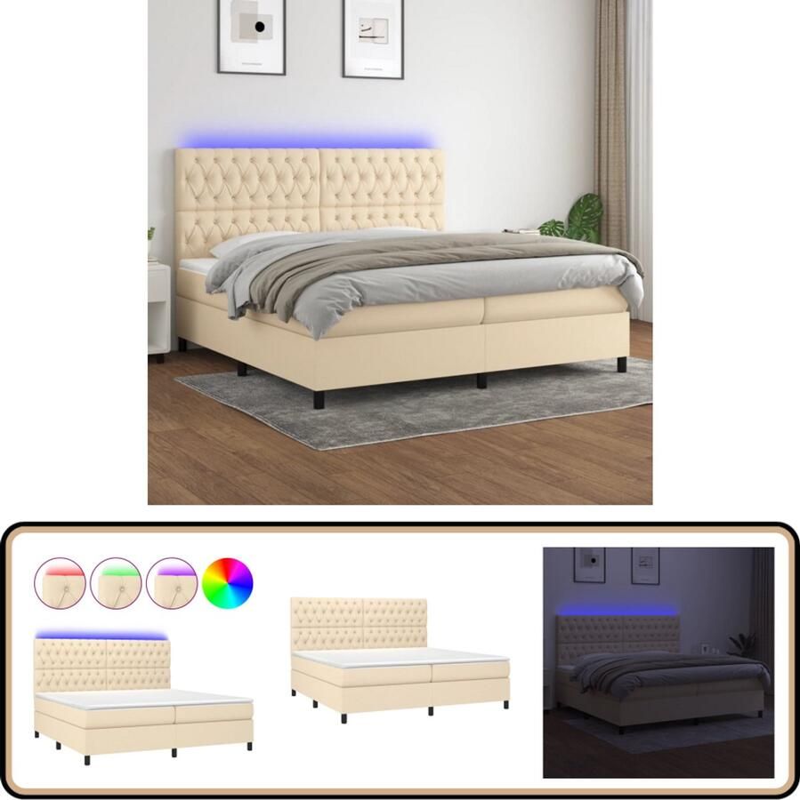 VidaXL Boxspring met LED en matrassen 200x200 cm Crème Boxspring Led Bed Boxsprings Slaapcomfort Pocketed Spring Mattress Creme Bed Tweepersoons Bed