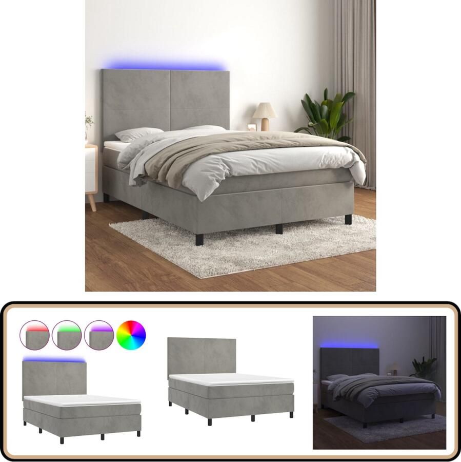 VidaXL Boxspring met LED Fluweel 140x190 cm Boxspring Bed Fluweel Bed Grijs Bed Tweepersoons Bed Led Bed Boxspring Met Matras