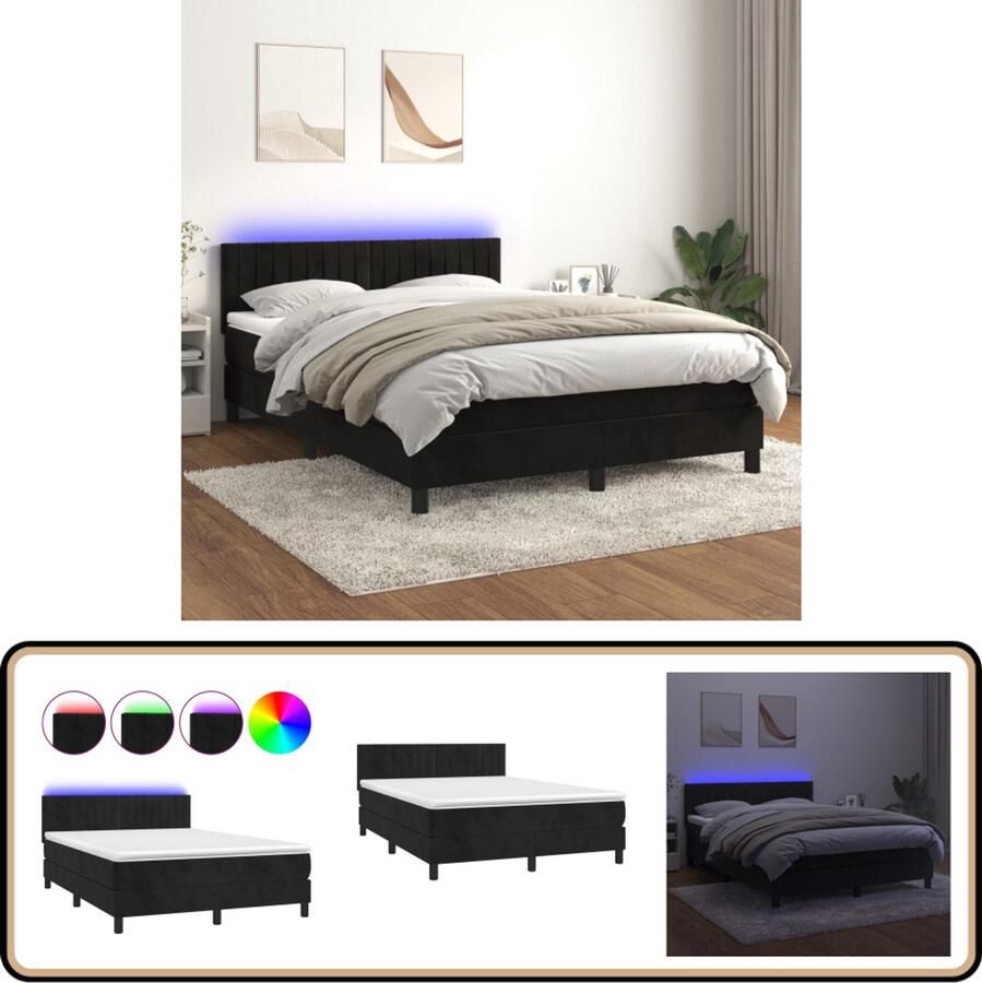 VidaXL Boxspring met LED Fluweel 140x190 cm Boxspring Fluweel Bed Led Bed Tweepersoons Bed Slaapcomfort King Size Bed Design Bed Zwarte Boxspring