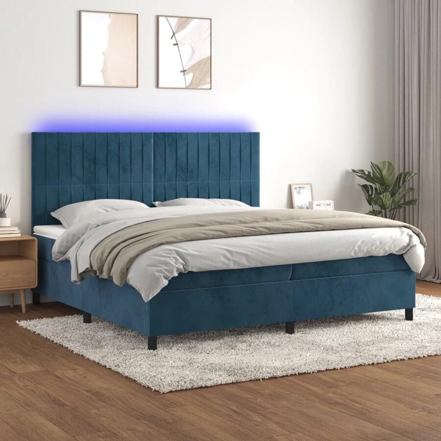 VidaXL Boxspring met LED Fluweel 200x200 cm Blauw Boxspring Fluweel Bed Boxspring Kopen Leder Look Bed Tweepersoons Bed Groot Bed Elektrisch Hoofdbord Led Lampen Bed Pocketed Spring Mattress - Foto 2