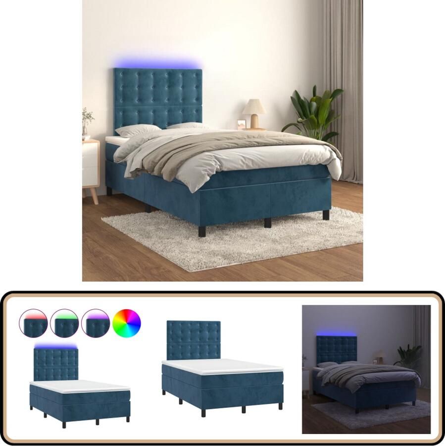 VidaXL Boxspring met LED Fluweel Donkerblauw 120x200 cm Boxspring Donkere Kleuren Velvet Led Verlichting Tweepersoonsbed Slaapcomfort Slaapkamerstijl