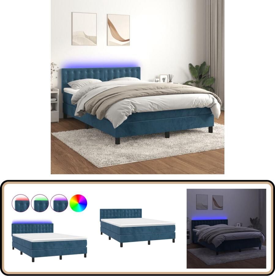VidaXL Boxspring met LED Fluweel Donkerblauw 140x200 cm Boxspring Bed Fluweel Bed Verstelbare Hoofdbord Led Verlichting Pocketvering Matras