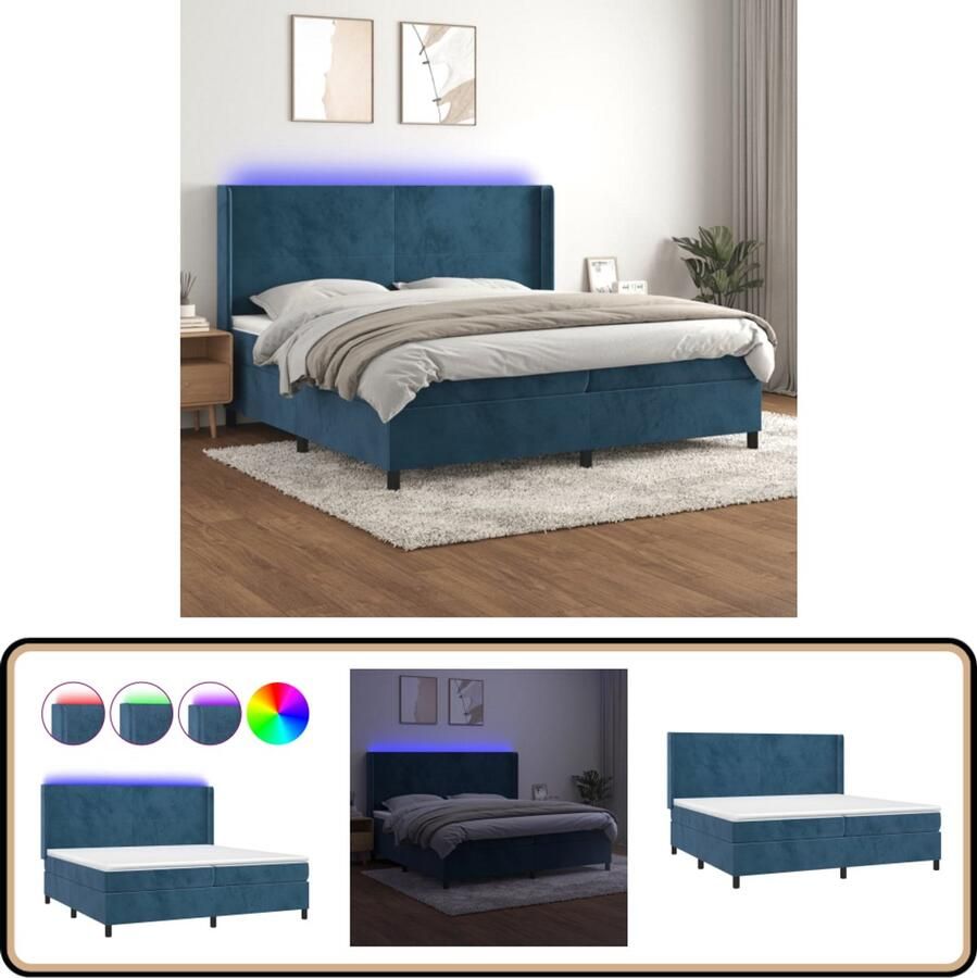 VidaXL Boxspring met LED Fluweel Donkerblauw 200x200 cm Boxspring Donkere Kleuren Velvet Meubilair Led Lampen Tweepersoons Bed Slaapcomfort Luxe Bed Adjustable Headboard