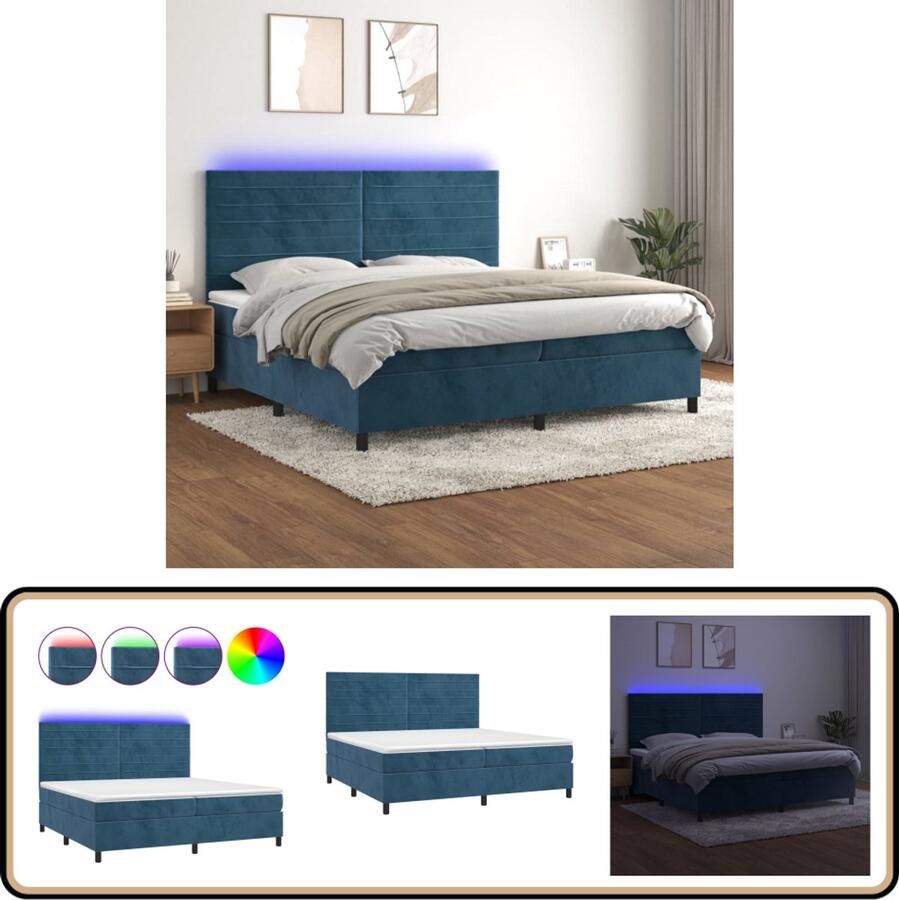 VidaXL Boxspring met LED Fluweel Donkerblauw 200x200cm Boxspring Led Boxspring Fluweel Bed Tweepersoons Bed Blauw Bed