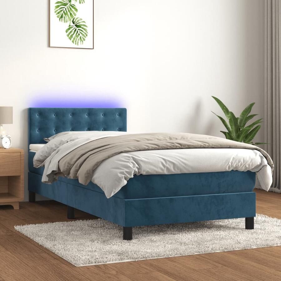 VidaXL Boxspring met LED Fluweel Donkerblauw 90x190 cm Boxspring Donkere Kleuren Velvet Bed Led Lampen Slaapcomfort Hoofdbord Pocketed Spring Mattress - Foto 2