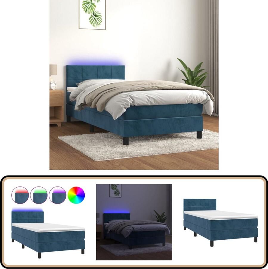 VidaXL Boxspring met LED Fluweel Donkerblauw 90x200 cm Boxspring Tweepersoons Bed Donkere Kleuren Velvet Bed Elektrisch Verstelbare Hoofdbord