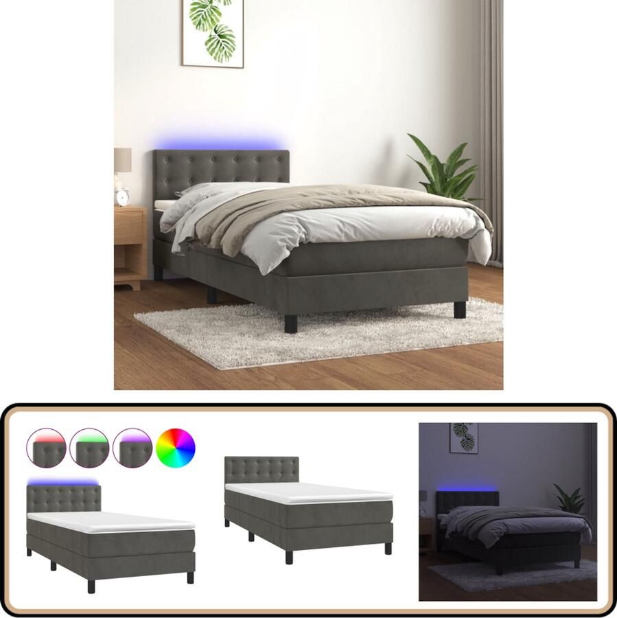 VidaXL Boxspring met LED Fluweel Donkergrijs 100x200 cm Boxspring Slaapcomfort Velvet Bed Led Lamp King Size Bed