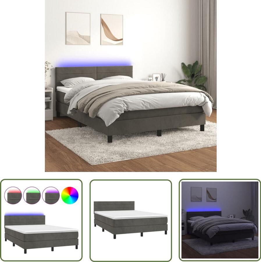 VidaXL Boxspring met LED Fluweel Donkergrijs 140x190 cm Boxspring Fluweel Bed Verstelbare Hoofdbord Led Lampen Pocketveer Matras Luxe Bed