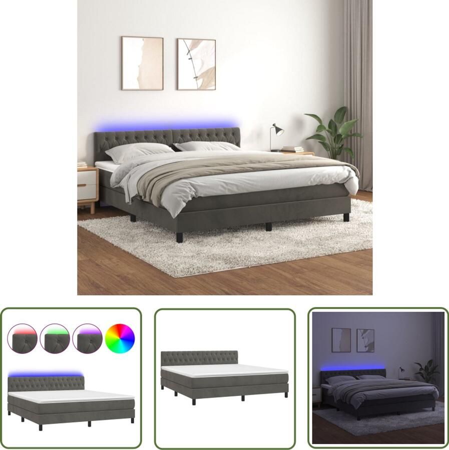 VidaXL Boxspring Met LED Fluweel Donkergrijs 180x200 cm Boxspring Donkere Kleuren Velvet Meubilair Led Lampen Tweepersoons Bed Groot Bed Slaapcomfort