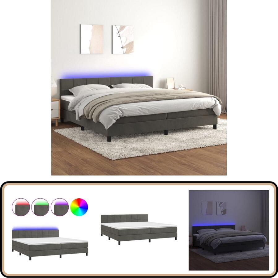 VidaXL Boxspring met LED Fluweel Donkergrijs 200x200 cm Boxspring Fluweel Bed Led Bed King Size Bed Tweepersoons Bed Slaapcomfort