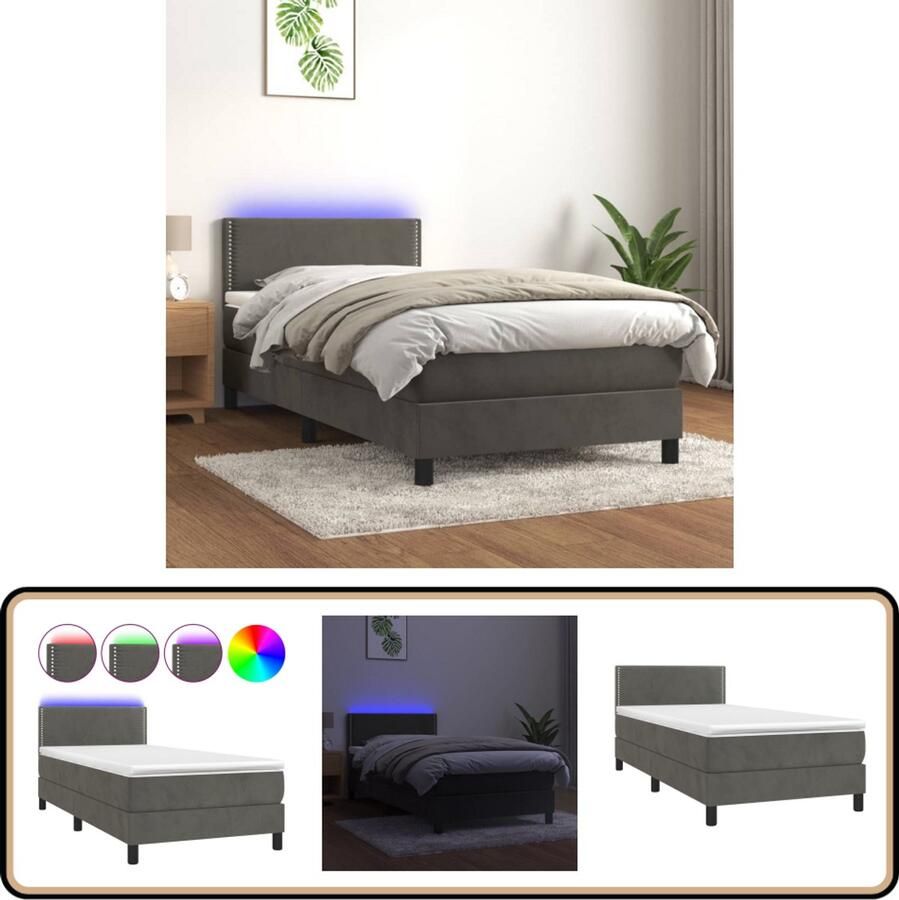 VidaXL Boxspring met LED Fluweel Donkergrijs 90x200 cm Boxspring Donkere Kleuren Velvet Boxspring Led Boxspring Pocketveer Matras Slaapcomfort Hoofdbord Bedroom Furniture