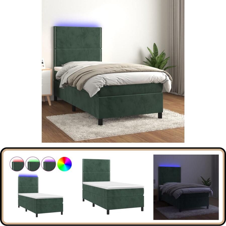 VidaXL Boxspring met LED Fluweel Donkergroen 100x200 cm Boxspring Donkere Kleuren Velvet Bed Verstelbare Hoofdbord Led Lampje