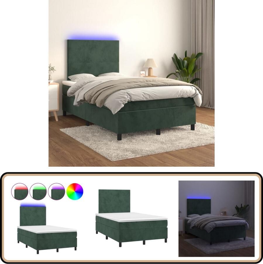 VidaXL Boxspring met LED Fluweel Donkergroen 120x200 cm Boxspring Fluweel Bed Donkergroen Bed Verstelbare Hoofdbord Led Lampje