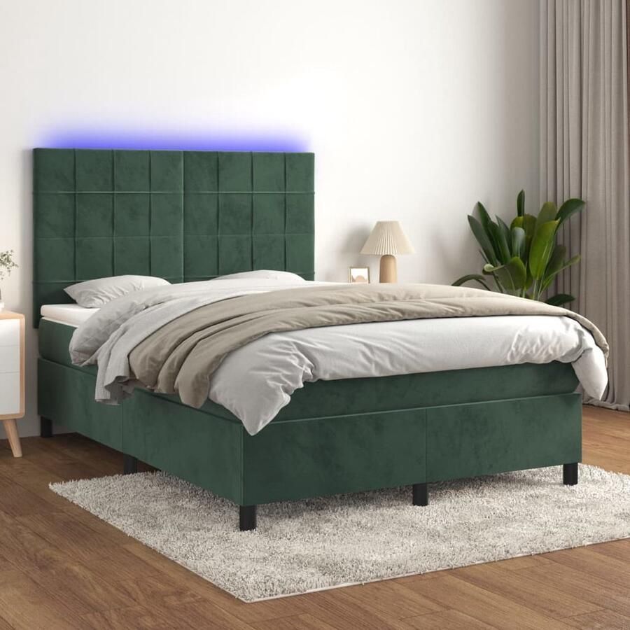 VidaXL Boxspring met LED Fluweel Donkergroen 140x200 cm Boxspring Bed Fluweel Bed Led Bed Tweepersoons Bed Groot Bed Donkere Kleuren Bed Design Bed - Foto 2