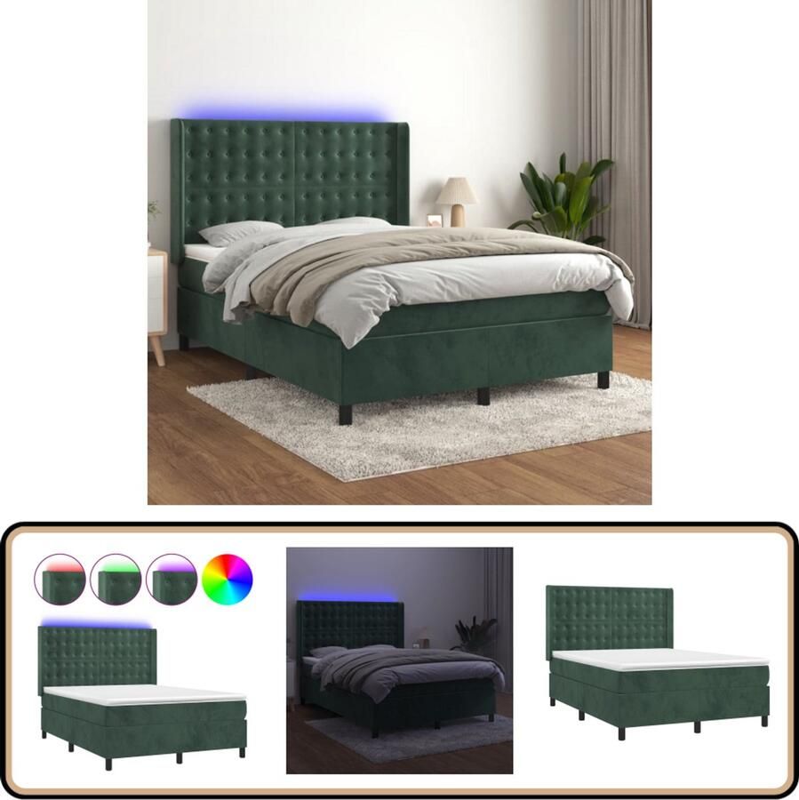 VidaXL Boxspring met LED Fluweel Donkergroen 140x200 cm Boxspring Donkere Kleuren Led Lampjes Velvet Pocketvering