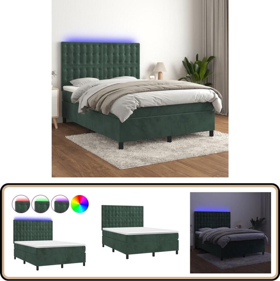 VidaXL Boxspring met LED Fluweel Donkergroen 140x200 cm Boxspring Fluweel Bed Led Bed Donkere Groene Bed Tweepersoons Bed