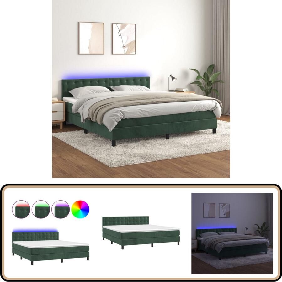 VidaXL Boxspring met LED Fluweel Donkergroen 180x200 cm Boxspring Tweepersoonsbed Fluweel Bed Led Bed Donkere Kleuren Slaapkamer Meubilair
