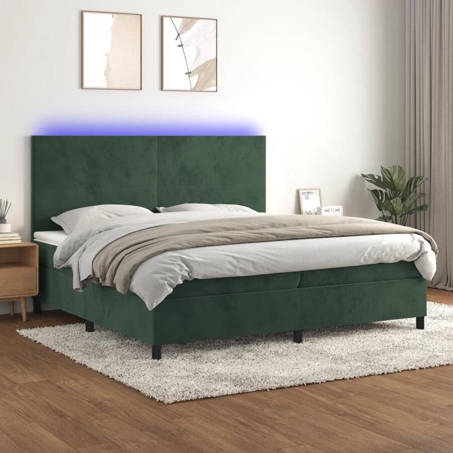 VidaXL Boxspring met LED Fluweel Donkergroen 200x200 cm Boxspring Bed Fluweel Bed Donkere Groene Bed Tweepersoons Bed Elektrisch Hoofdbord Led Verlichting Bed Pocketveer Matras Huid Vriendelijk Topmatras - Foto 2