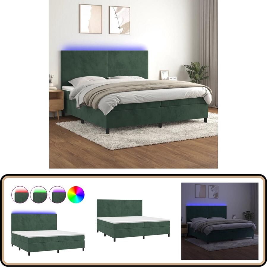 VidaXL Boxspring met LED Fluweel Donkergroen 200x200 cm Boxspring Bed Fluweel Bed Donkere Groene Bed Tweepersoons Bed Elektrisch Hoofdbord Led Verlichting Bed Pocketveer Matras Huid Vriendelijk Topmatras