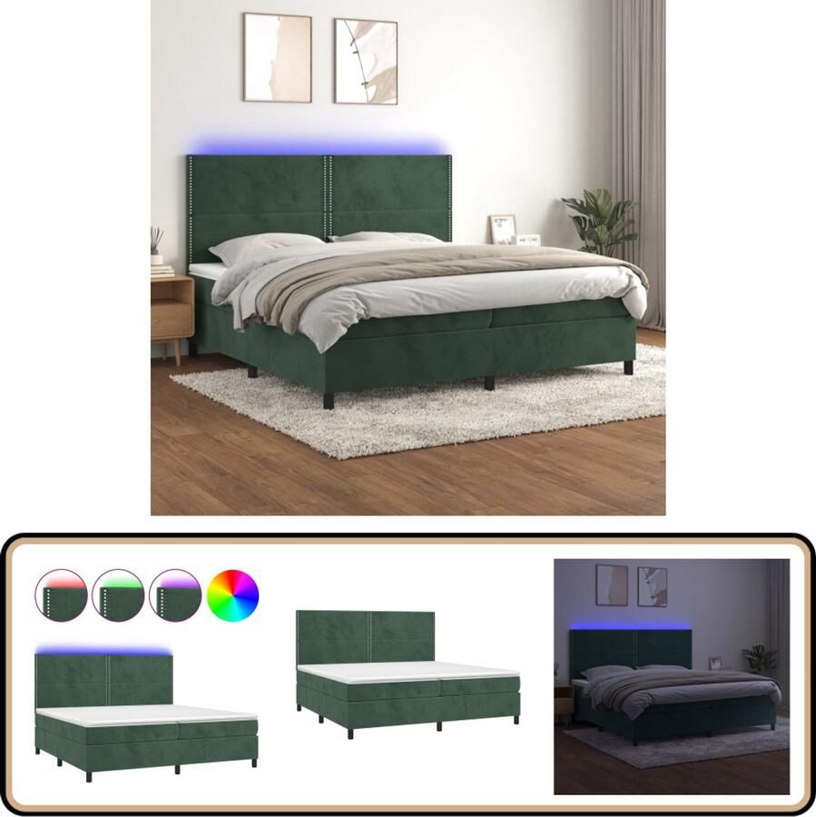 VidaXL Boxspring met LED Fluweel Donkergroen 200x200cm Boxspring Donkere Kleuren Velvet Led Verlichting Elektrisch Verstelbare Hoofdbord
