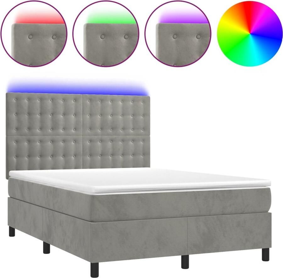 VidaXL Boxspring met LED Fluweel Lichtgrijs 140x190 cm Boxspring Luxe Boxspring Fluweel Bed Led Lampjes Hoofdbord Slaapcomfort Bedroom Decoratie - Foto 2