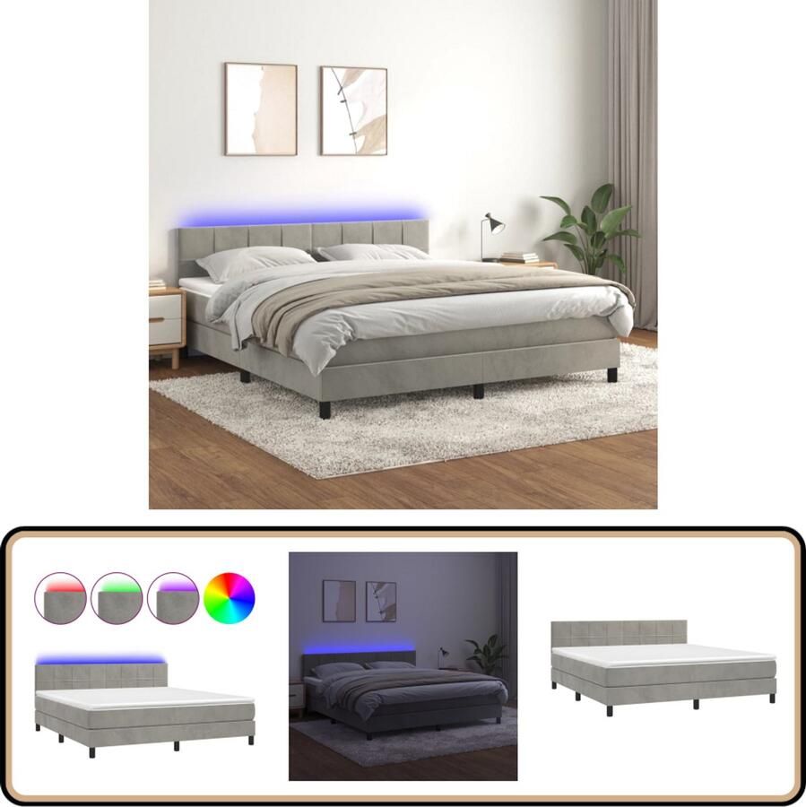 VidaXL Boxspring met LED Fluweel Lichtgrijs 160x200 cm Boxspring Led Bed Velvet Bed King Size Bed Tweepersoonsbed Slaapcomfort Luxe Bed Bedroom Decor