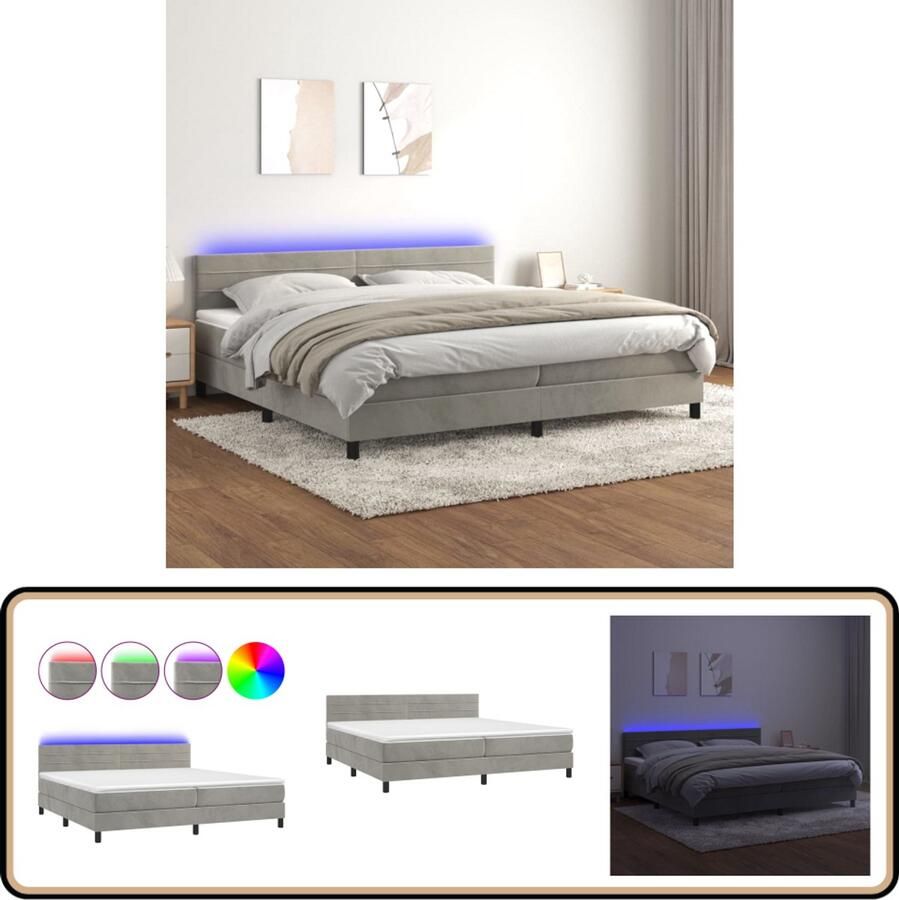 VidaXL Boxspring met LED Fluweel Lichtgrijs 200x200 cm Boxspring Led Boxspring Fluweel Boxspring Verstelbare Hoofdbord Pocketveer Matras