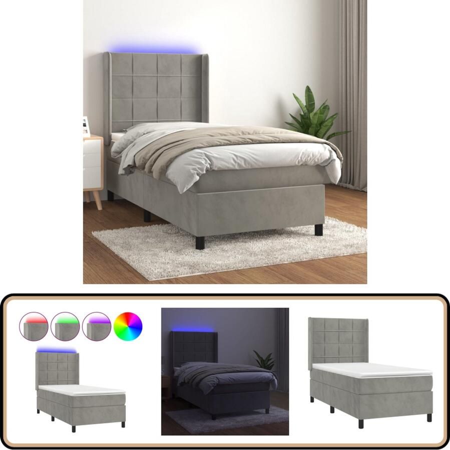VidaXL Boxspring met LED Fluweel Lichtgrijs 90x190 cm Boxspring Bed Fluweel Bed Led Bed Slaapcomfort King Size Bed