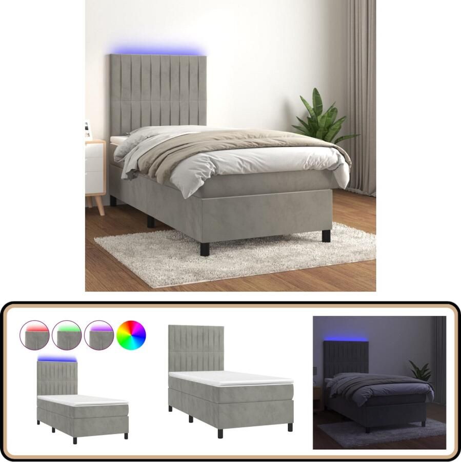 VidaXL Boxspring met LED Fluweel Lichtgrijs 90x190 cm Boxspring Led Boxspring Fluweel Bed Grijs Bed Tweepersoons Bed King Size Bed Hoofdbord Pocketed Spring Mattress