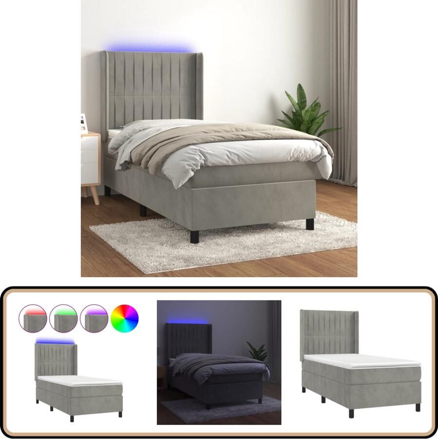 VidaXL Boxspring Met LED Fluweel Lichtgrijs 90x200 cm Boxspring Led Bed Velvet Bed Grijs Bed Tweepersoonsbed Slaapcomfort