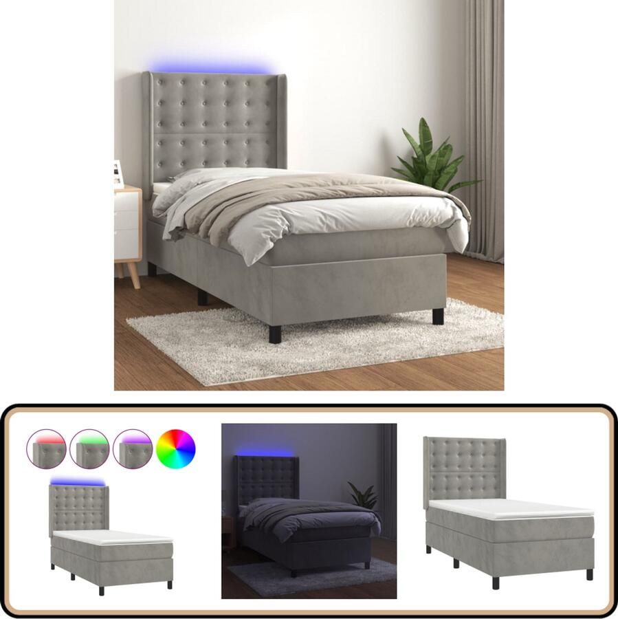 VidaXL Boxspring met LED Fluweel Lichtgrijs 90x200 cm Boxspring Led Bed Velvet Bed Tweepersoonsbed Slaapcomfort