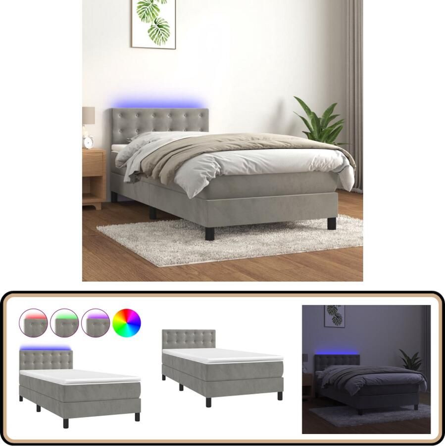 VidaXL Boxspring met LED Fluweel Lichtgrijs 90x200 cm Boxspring Led Bed Velvet Bed Tweepersoonsbed King Size Bed