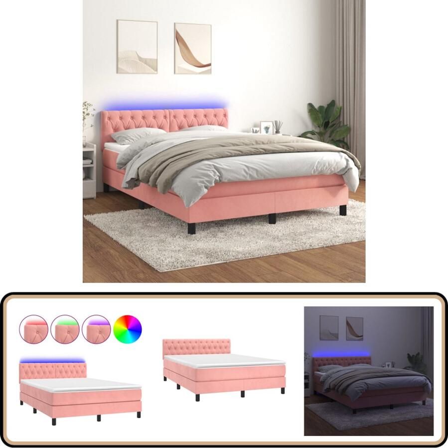 VidaXL Boxspring met LED Fluweel Roze 140x190 cm Boxspring Bed Fluweel Bed Verstelbare Hoofdbord Led Lampen Pocketveer Matras