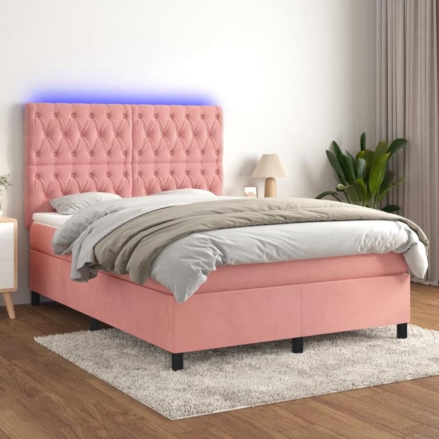 VidaXL Boxspring met LED Fluweel Roze 140x190 cm Boxspring Led Bed Velvet Bed Verstelbare Hoofdbord Pocketed Spring Mattress Pink Bedroom Furniture - Foto 2