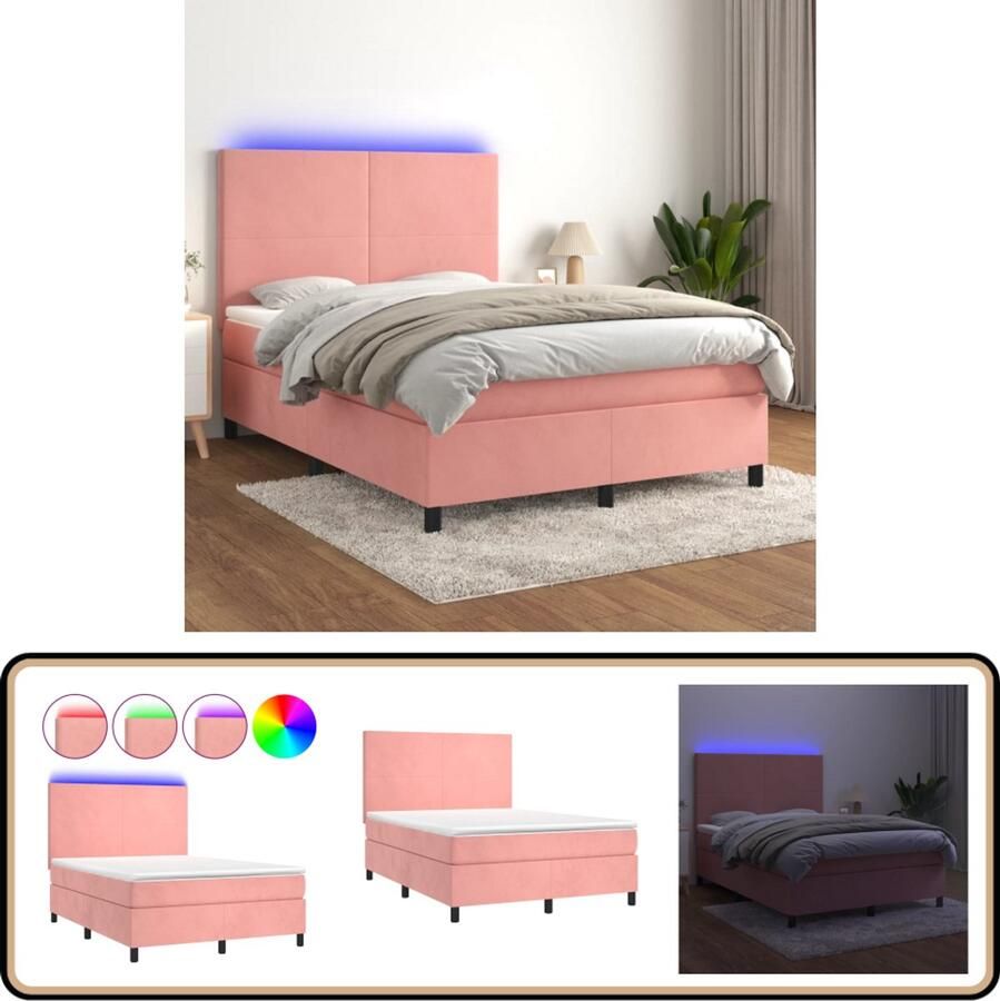 VidaXL Boxspring met LED Fluweel Roze 140x200 cm Boxspring Led Boxspring Fluweel Boxspring Rozerood Boxspring Tweepersoons Boxspring