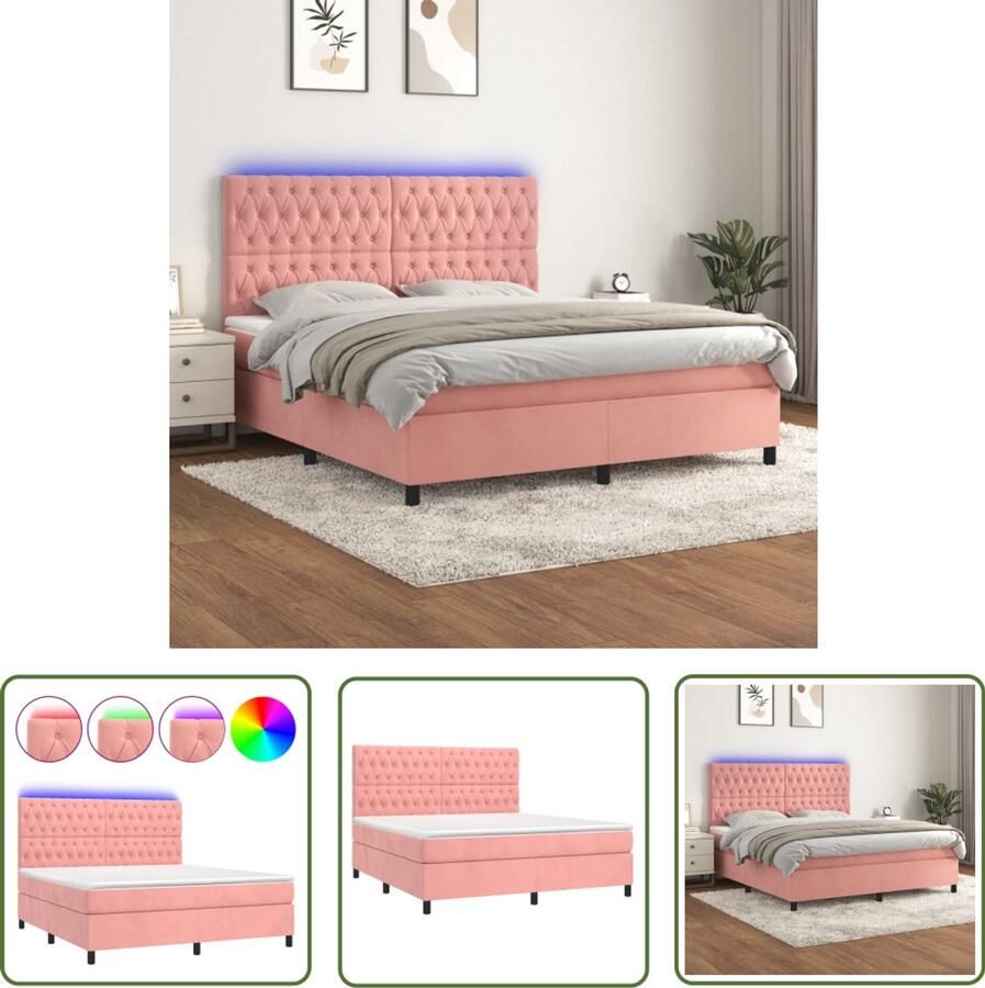 VidaXL Boxspring met LED Fluweel Roze 180x200 cm Boxspring Boxsprings Led Bed Velvet Bed Tweepersoonsbed Groot Bed Roos Kleurtje