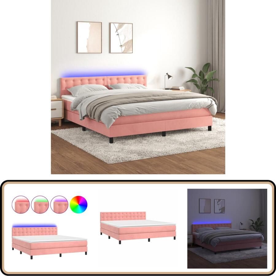 VidaXL Boxspring met LED Fluweel Roze 180x200 cm Boxspring Luxe Bed Velvet Bed Roze Bed Led Bed King Size Bed Slaapcomfort Bedroom Furniture