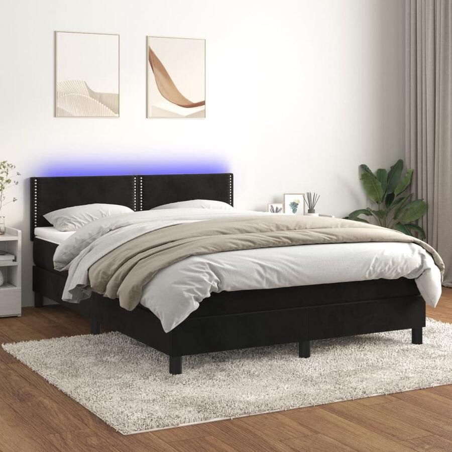 VidaXL Boxspring met LED Fluweel Zwart 140x190 cm Boxspring Led Bed Velvet Bed Pocketveer Matras Luxe Bed Slaapcomfort Hoofdbord Adjustable Headboard Bedroom Furniture - Foto 2