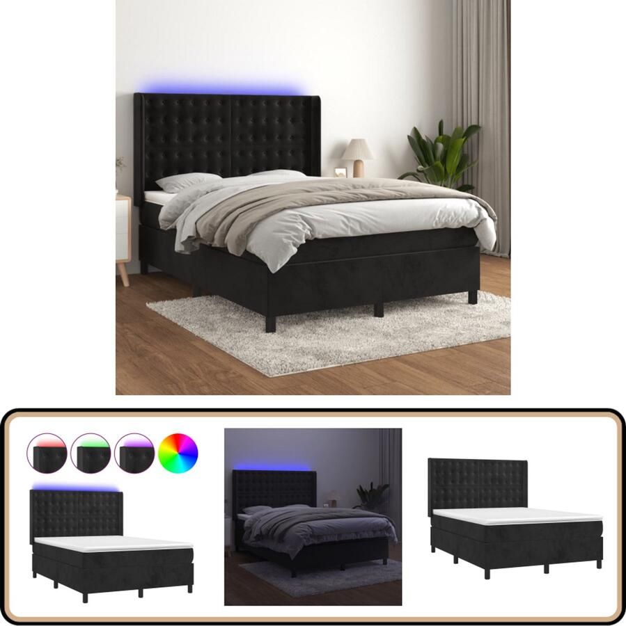 VidaXL Boxspring met LED Fluweel Zwart 140x190 cm Boxspring Led Boxspring Fluweel Boxspring Verstelbare Hoofdbord Pocketveer Matras Slaapcomfort