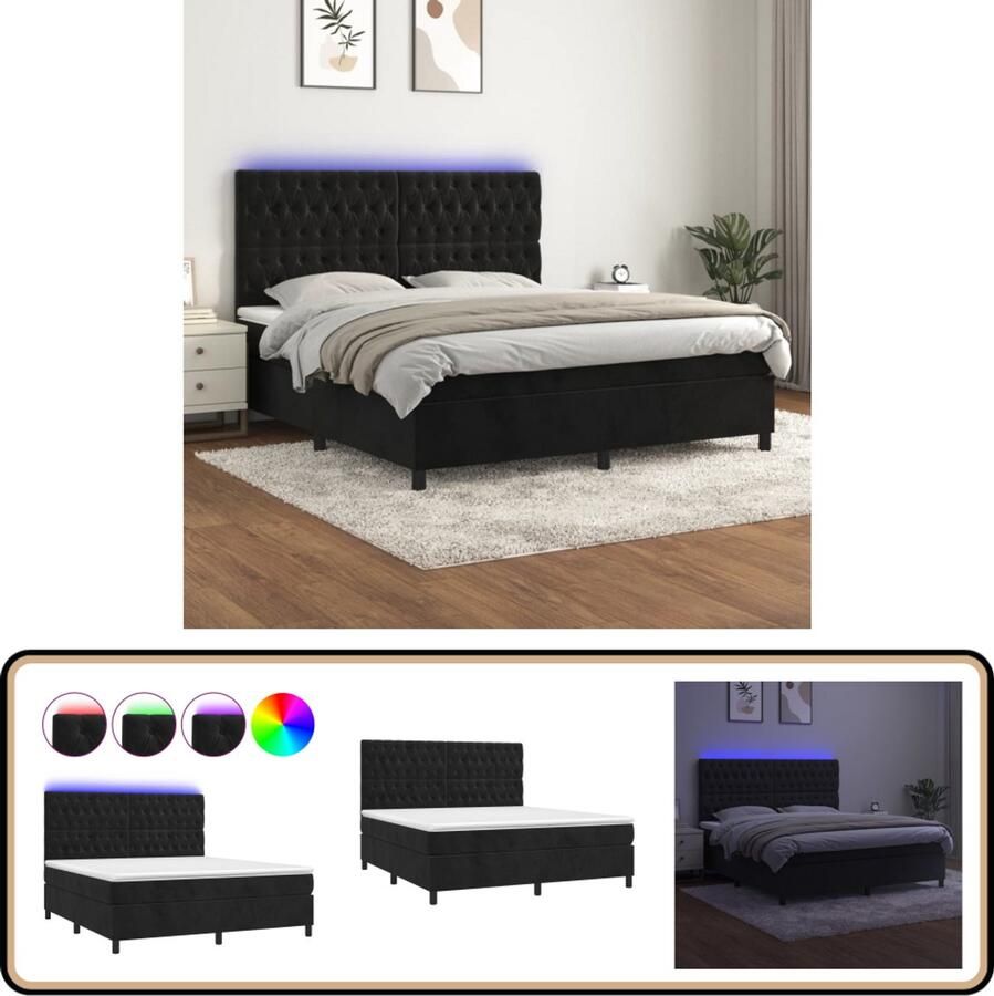 VidaXL Boxspring Met LED Fluweel Zwart 180x200 cm Boxspring Bed Fluweel Bed Verstelbare Hoofdbord Led Verlichting Pocketveer Matras Luxe Bed